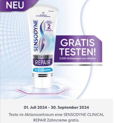 -Ankündigung-Sensodyne-Clinical-Repair-Zahncreme-Gratis-Testen