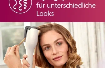 Frau mit blonden Locken, die einen weißen Philips Lockenstab an ihrem Haar anlegt