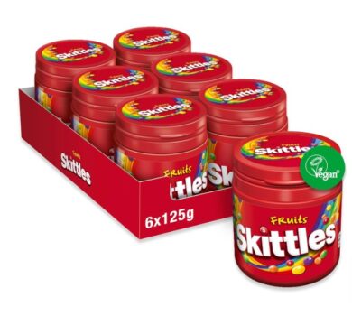 Skittles-Süßigkeiten-Fruits-Kaubonbons-mit-Ananas-Mandarine-Kirsche-und-weitere-Aromen-Vegan-6-Dosen-6-x-125g-Amazon-de-Lebensmittel-Getränke