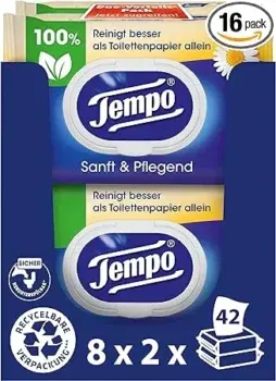 Tempo Feuchte Toilettentücher Sanft & Pflegend (16 Packungen mit je 42 Tüchern)