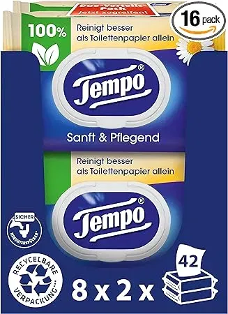 Tempo Feuchte Toilettentücher Sanft &Amp; Pflegend (16 Packungen Mit Je 42 Tüchern)