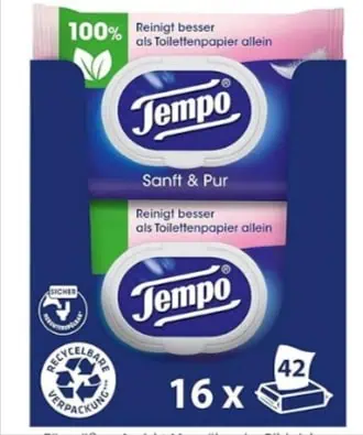 Tempo Feuchte Toilettentücher „Sanft & Pur“ 16 Packungen mit je 42 Tüchern ab 17,63 € (Prime) statt 24,63€