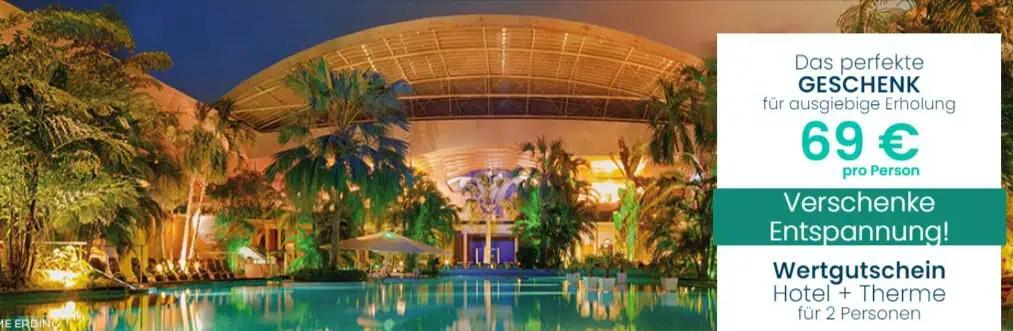 Wellness Gutschein – Tageskarte für eine Therme nach Wahl mit Hotel & Frühstück für 69€