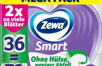 Zewa Smart MEGA Pack mit 36 Rollen, 2x so viele Blätter, 3-lagig, ohne Hülse