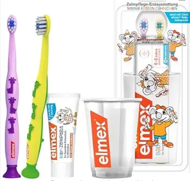 elmex Zahnpflege Erstausstattung Baby 0-2 Jahren – Set aus Zahnpasta, 2 Zahnbürsten und einem Zahnputzbecher  ab 5 € statt 8,99 €