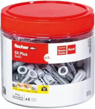 fischer Spreizdübel SX Plus 8 x 40 - handliche Runddose mit 80 Nylondübeln