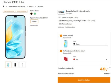2mal Honor 200 Lite + 2x Super Select M mit je 13 GB LTE + 2x + McAfee LiveSafe Device Attach