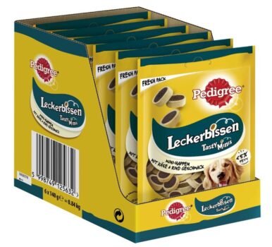 Pedigree-Hundesnacks-Leckerbissen-Mini–Happen-6er-Pack-6x140g-–-Hundekekse-mit-Rind–-und-Käsegegeschmack