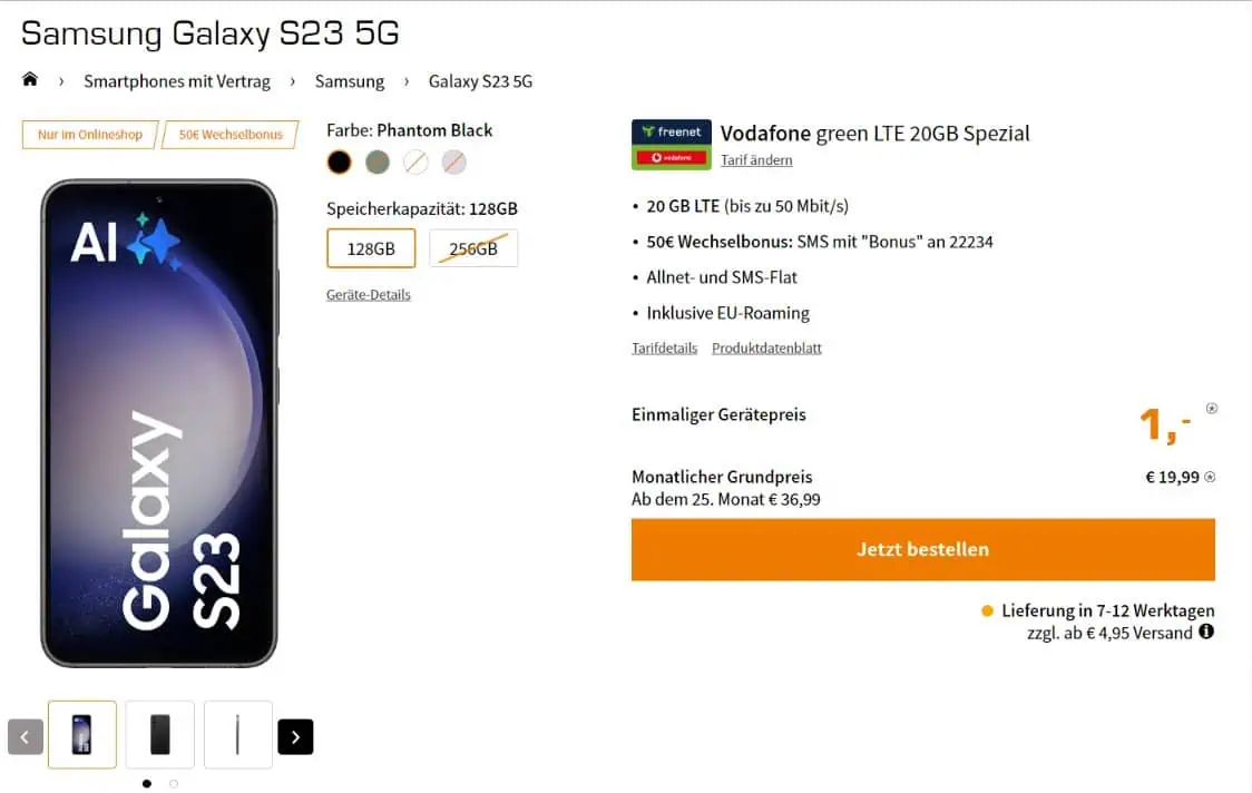 MediaMarkt Tarifwelt: Samsung Galaxy S23 5G + freenet Vodafone green LTE 20 GB für 19,99 € / Monat + 73,94 € einmalig