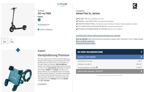 SoFlow SO myTIER E-Scooter + SoFlow Handyhalterung + congstar Flat XL 50 GB LTE
