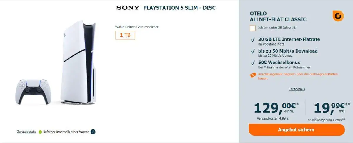 Logitel: Sony Playstation 5 Slim Disc Edition + congstar Allnet-Flat Classic 30 GB LTE für 19,99 € / Monat + 133,99 € einmalig