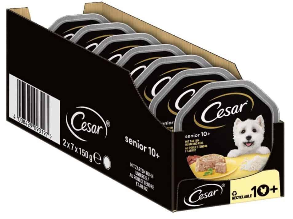 Cesar-Hundefutter-Nassfutter-Senior-10-Mit-Zartem-Huhn-Und-Reis-In-Gelee-14-Schalen-14-X-150G-Amazon-De-Haustier