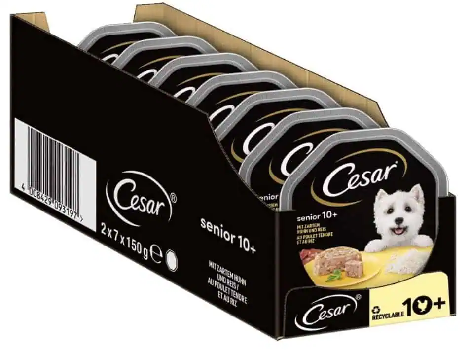 Cesar Hundefutter Nassfutter Senior 10+ mit zartem Huhn und Reis in Gelee 14 Schalen (14 x 150g) ab 6,82 € inkl. Prime-Versand (statt 12,46 €)