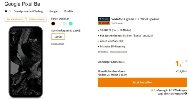 Google Pixel 8a + freenet Vodafone green LTE 20GB