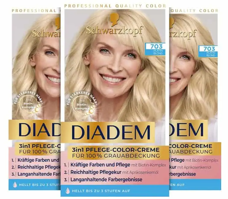 Schwarzkopf Diadem 3 in 1 Pflege-Color-Creme 703 Platin Blond Stufe 3 (3 x 170 ml) für 4,67 € inkl. Prime-Versand (statt 14,25 €)