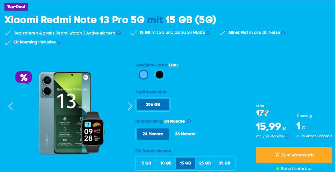 Xiaomi Redmi Note 13 Pro+ 5G + Xiaomi Redmi Watch 3 Active + Blau Allnet M 15 Gb 5G