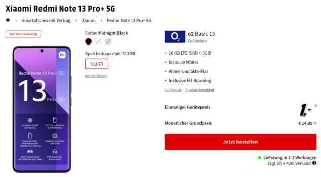 Xiaomi Redmi Note 13 Pro+ 5G + o2 Basic 15 mit 30 GB LTE