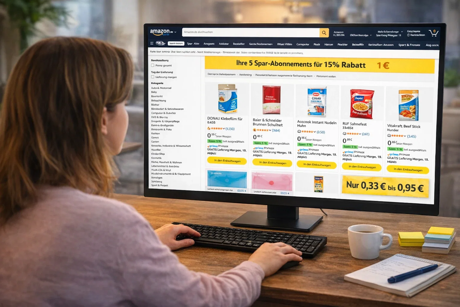 Frau sucht Amazon Füllartikel unter 1 € am Computer für Spar-Abo Rabatt und günstige Produkte
