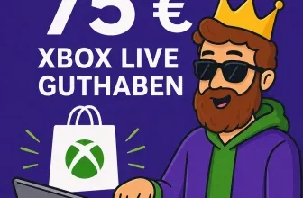 Ein Mann mit braunem Bart, Sonnenbrille und goldener Krone sitzt vor einem Laptop. Er hält eine Münze über die Tastatur. Neben ihm erscheint ein Xbox-Shoppingbeutel.