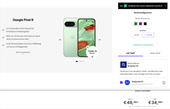 Google Pixel 9 + 2x o2 Mobile M Boost mit 50 GB 5G