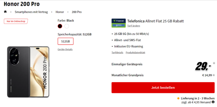 Honor 200 Pro + freent Telefonica Allnet Flat 25 GB 5G