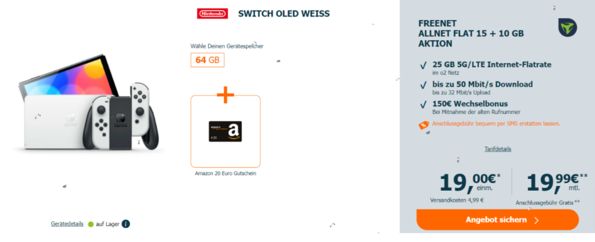 Nintendo Switch OLED + 20 € Amazon-Gutschen + Freenet Allnet Flat 25 GB 5G