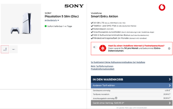 Playstation 5 Slim + Vodafone Smart Entry 20 GB LTE