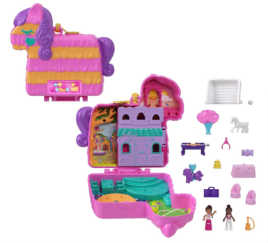 Polly Pocket Piñata-Party Schatulle - Pferde-Piñata, Glitzerfenster, 2 Puppen, 5 Spielelemente, 13 A