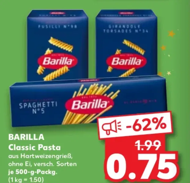 Kaufland: Barilla Nudeln 500g für 0,75 €