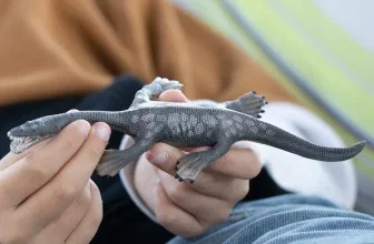 Ein Kind hält eine graue Dinosaurier-Figur in den Händen