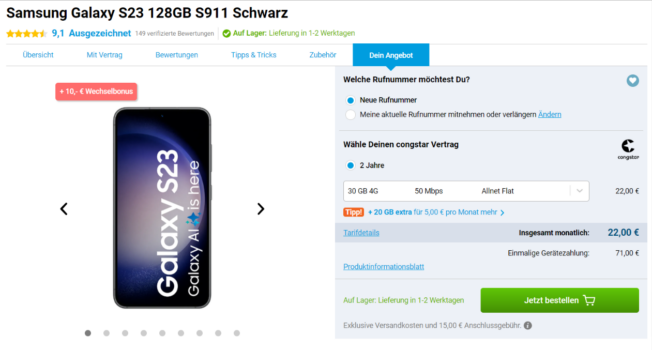 Samsung Galaxy S23 + congstar Allnet Flat M 30 GB 4G