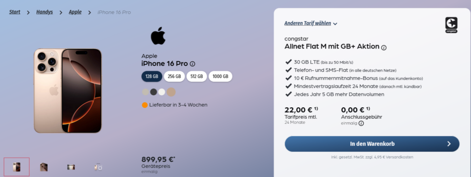 Apple iPhone 16 Pro + Intenso Powerbank SLIM XS5000 + congstar Allnet Flat M mit 30+ GB LTE