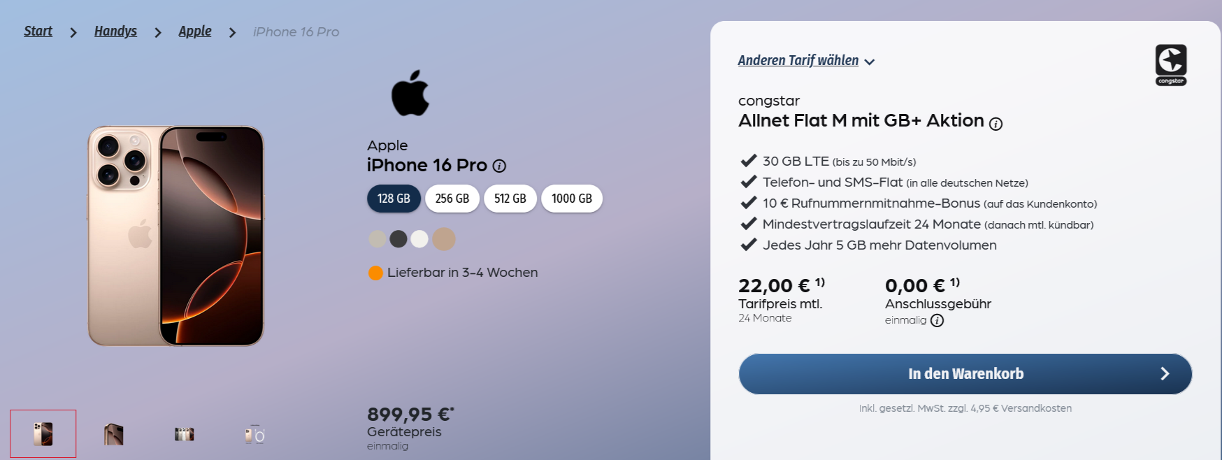 Apple Iphone 16 Pro + Intenso Powerbank Slim Xs5000 + Congstar Allnet Flat M Mit 30+ Gb Lte