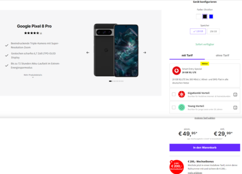 Google Pixel 8 Pro + Vodafone Smart Entry Spezia 20 GB 5G