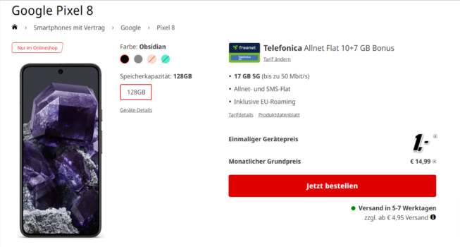 Google Pixel 8 + freenet Telefonica green LTE 17 GB