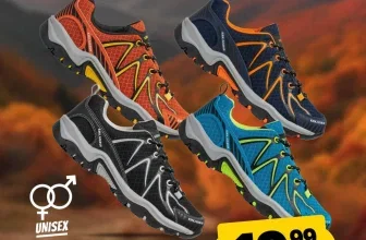 Vier KIRKJUBØUR Outdoor-Schuhe in Orange, Blau, Schwarz und Türkis vor Bergkulisse mit Preis 19,99 Euro