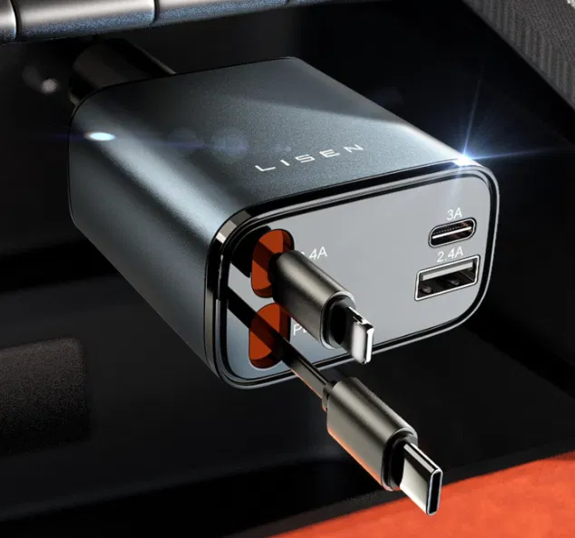 Lisen-69W-Einziehbares-Zigarettenanzünder-Usb-C-Auto-Ladegerät-Schnellladegerät-Adapter-Retractable-Ladekabel