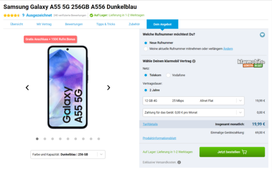 Samsung A55 + Klarmobil Telekom Allnet Flat 12 GB 4G