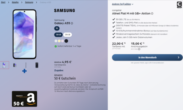 Samsung Galaxy A55 + 50 € Amazon-Gutschein + Intenso Powerbank SLIM XS5000 + congstar Allnet Flat M 35 GB LTE