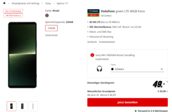 Sony Xperia 1 V + Sony WH-1000XM4 Bluetooth Kopfhörer Noise Cancelling + Vodafone green LTE 40 GB LTE