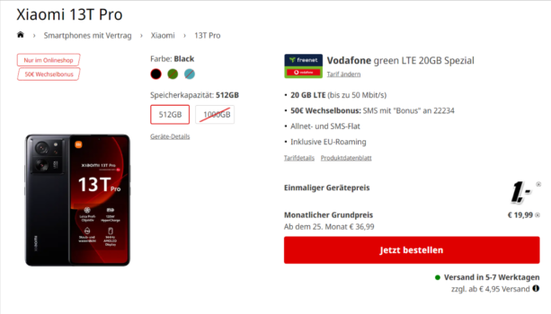 Xiaomi 13T Pro + freenet Vodafone green LTE 20GB