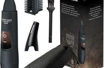 Beur Barbers Corner HR 2000 Trimmer mit Kamm, Bürste, Kappen und Aufbewahrungsbeutel neben der Verpackung