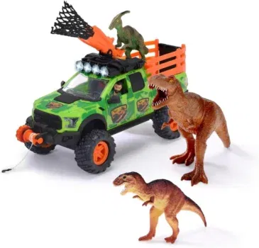 Dickie Toys - Dinosaurier-Fahrzeug Dino Hunter (25 cm) - Spielzeugauto Ford Raptor mit Licht & Sound inkl. 3 Dinos und Spielfigur