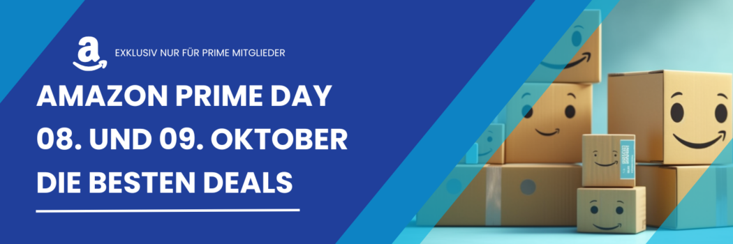 Amazon Prime Day-Banner mit gestapelten lächelnden Kisten auf der rechten Seite, mit Text auf Deutsch: „Exklusiv nur für Prime Mitglieder. Amazon Prime Day 08. und 09. Oktober, die besten Deals“ auf blauem Hintergrund.