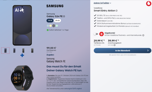 Samsung Galaxy S24 FE + Samsung Galaxy Watch FE + Telekom WiZ WLAN LED-Lampe E27 + Vodafone Smart Entry 20 GB LTE