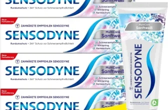 Vier Sensodyne MultiCare Sanftweiß Zahnpasta-Verpackungen und eine Tube mit gelbem Vorteilspack-Aufkleber