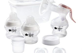 Tommee-Tippee-Still-Starterset-Handmilchpumpe-Babyflaschen-und-Sauger-Sterilisierbox-Schnuller-