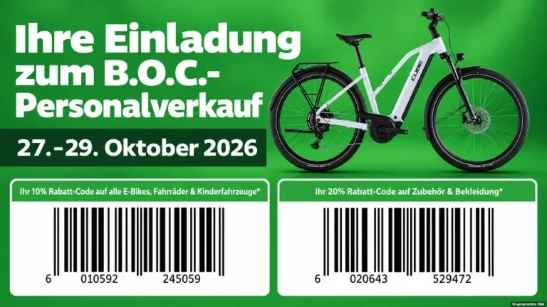 Einladung zum B.O.C.-Personalverkauf mit weißem E-Bike und zwei Rabatt-Codes auf grünem Hintergrund.