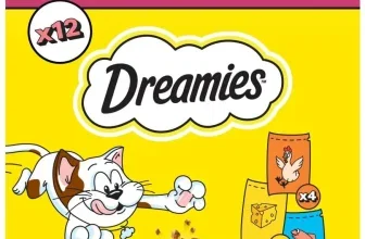 Eine gelbe Schachtel Dreamies Katzensnacks mit einem Cartoon-Kater und verschiedenen Snacks