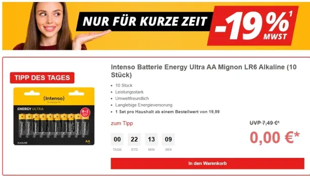 Druckerzubehör Aktion: 19% MwSt. geschenkt + Gratis Intenso Batterie Energy Ultra AA Mignon LR6 Alkaline (10 Stück)